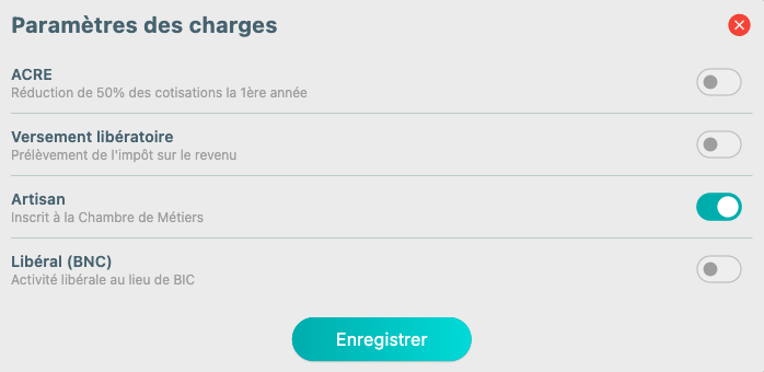 Boîte de dialogue Paramètres des charges dans Iasy, avec les interrupteurs ACRE, Versement libératoire, Artisan et Libéral (BNC)