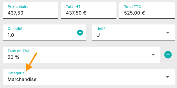 Fiche d'un article dans Iasy, avec le champ Catégorie renseigné sur Marchandise, juste sous le taux de TVA