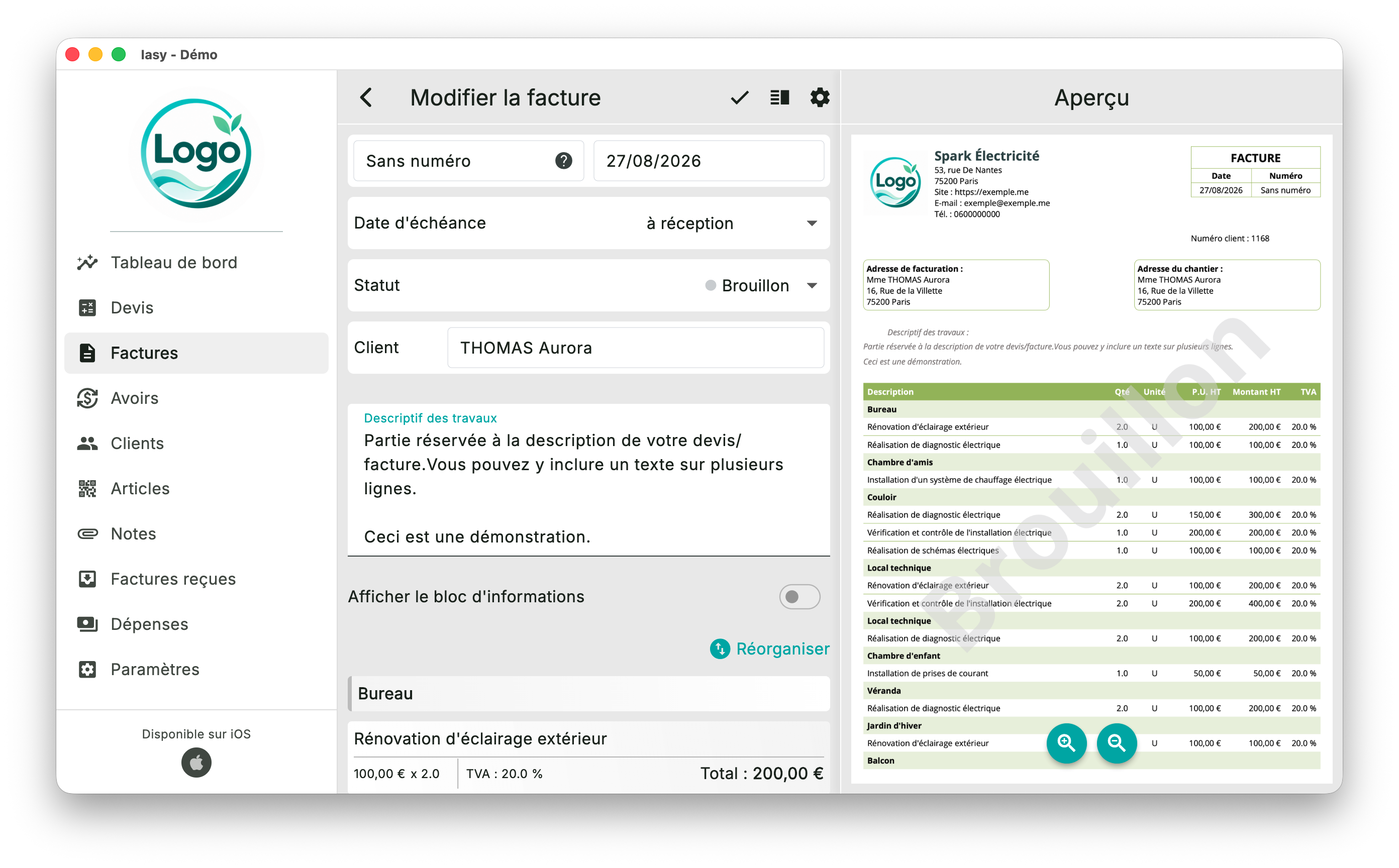 Devis et facture en mode aperçu