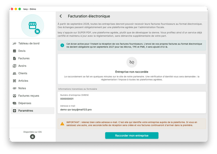 Écran Facturation électronique, entreprise non raccordée