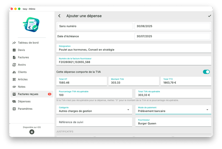 Ajouter une dépense, formulaire prérempli depuis la facture reçue