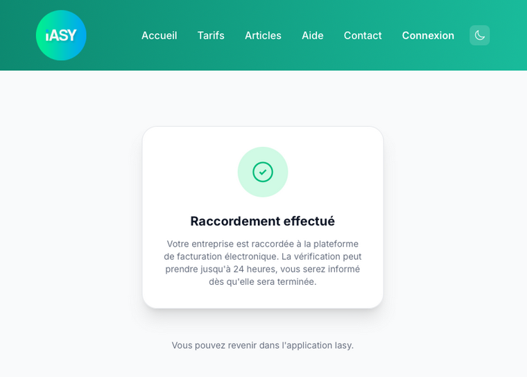 Page Raccordement effectué