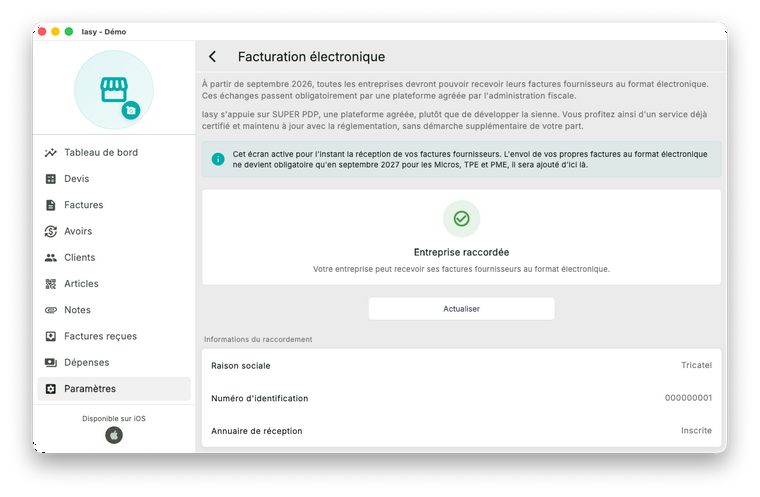 Écran Facturation électronique, entreprise raccordée