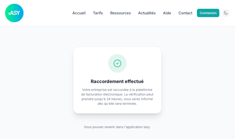 Page Raccordement effectué